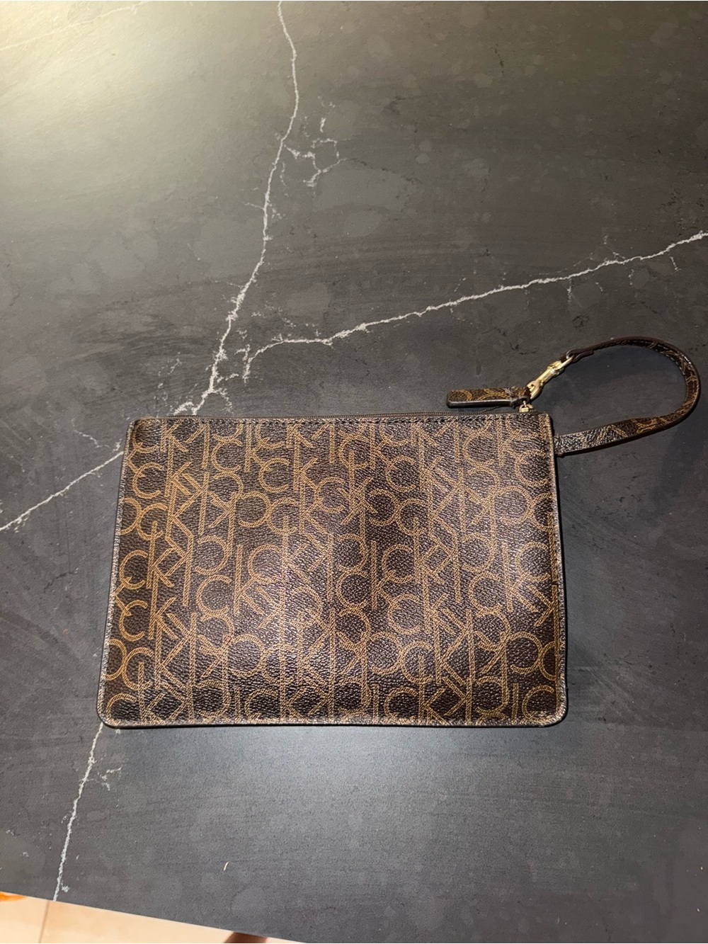 Calvin Klein Brown Monogram Wristlet Clutch